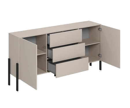 Komoda z szufladami Jukon 184 cm beżowa elegancka forma mebla w nowoczesnym stylu system otwierania push to open metalowe czarne nogi