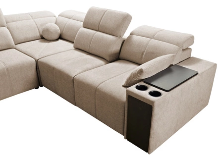 Narożnik z funkcją spania Tesalia III miętowy prawostronny komfortowy narożnik z przesuwanym oparciem dwa pojemniki na pościel