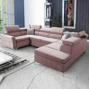 Narożnik z funkcją spania Rava V lawendowy róż prawostronny komfortowy narożnik z pojemnikami na pościel oraz wielofunkcyjną lampką