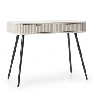 Konsola Zoya beżowa z szufladami stylowa oraz funkcjonalna toaletka zaoblony kształt bryły ryflowane fronty szuflad metalowe nogi