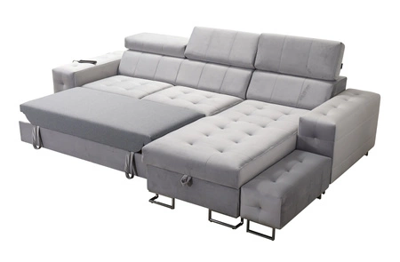 Narożnik z funkcją spania Hampton granatowy prawostronny stylowe pikowania na siedzisku miękka tkanina obiciowa narożnik z dostawką