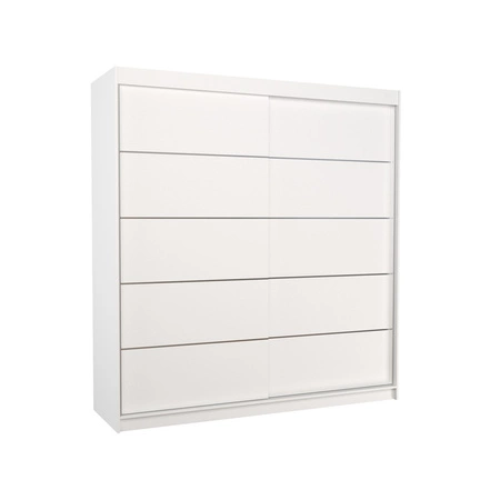 Szafa przesuwna Esteva 200 cm biała praktyczna i pojemna szafa do sypialni fronty wykończone poziomymi srebrnymi listwami