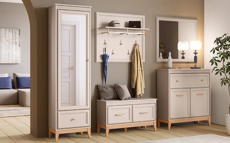 Komoda Windsor 92 cm beżowy / dąb wysoka komoda z szufladą do przedpokoju wyrafinowany design skośne nogi wykonane z litego drewna