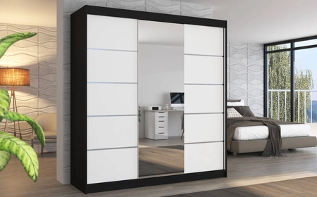 Szafa przesuwna z lustrem Bergen 200 cm czarny / biały klasyczna forma dekoracyjne listwy na frontach szafy do sypialni lub przedpokoju