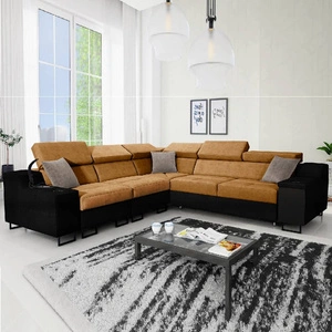 Narożnik z funkcją spania Alcamo III miodowy / czarny lewostronny funkcjonalny narożnik z szufladą w boczku dwa pojemniki na pościel