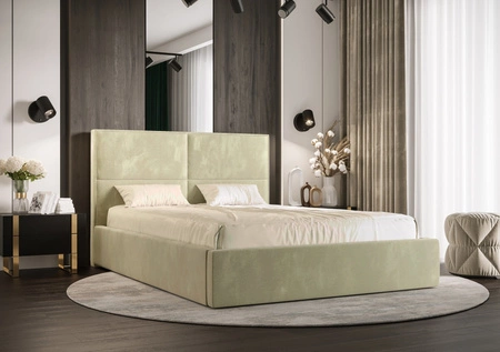 Łóżko tapicerowane Afrodyta 180x200 z pojemnikiem beżowe w nowoczesnym skandynawskim stylu z wygodnym zagłówkiem