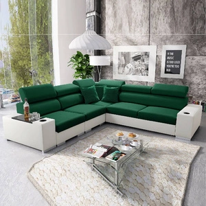 Narożnik z funkcją spania Provo III butelkowa zieleń / biały lewostronny narożnik z pojemnikiem na pościel i regulowanymi zagłówkami