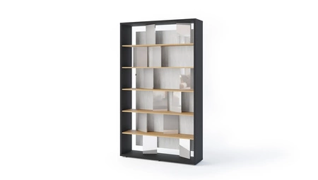 Regał Fitt 125 cm grafit / dąb / szary połysk nowoczesny regał do biura lub salonu bryła wyposażona w klimatyczne oświetlenie LED