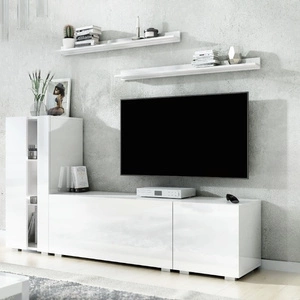 Meblościanka Oropos biała / biały połysk uniwersalna i stylowa meblościanka do salonu proste bryły wpisujące się w każde wnętrze