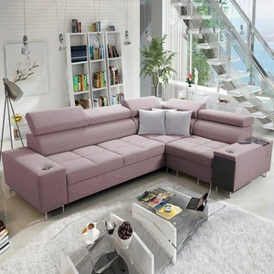 Narożnik z funkcją spania Dafni II lawendowy róż prawostronny pleciony narożnik z pojemnikiem na pościel szuflada w boczku mebla