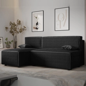 Narożnik z funkcją spania Brandon czarny lewostronny trójwymiarowa tkanina o wyrazistych prążkach pojemnik na pościel