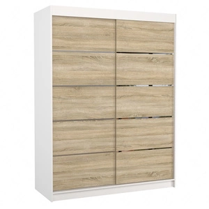 Szafa przesuwna Luft 150 cm biały / dąb sonoma jasny praktyczna szafa do sypialni fronty wykończone poziomymi srebrnymi listwami