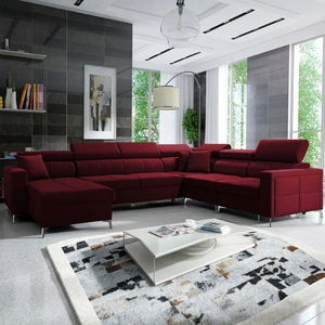 Narożnik z funkcją spania Nausa VII bordowy lewostronny elegancki narożnik do salonu wykonany z miękkiej tkaniny typu velvet