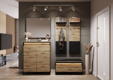 Szafka na buty Quant 92 cm dąb artisan / czarny szafka z tapicerowanym siedziskiem funkcjonalny dodatek do przedpokoju oświetlenie LED