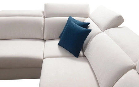 Narożnik z funkcją spania Kelly IV indyjski róż prawostronny velvet komfortowy narożnik regulowane zagłówki bok wykończony lamelami