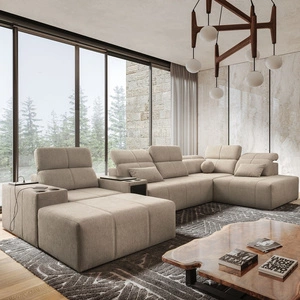 Narożnik z funkcją spania Tesalia V beżowy lewostronny komfortowy narożnik z szufladą oraz funkcją przesuwanego oparcia