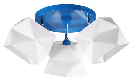 Plafon sufitowy potrójny Quasar designerska lampa sufitowa do pokoju dziecięcego lub niemowlęcego z białymi abażurami i niebieską metalową podstawą