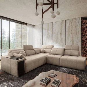 Narożnik z funkcją spania Tesalia IX beżowy prawostronny nowoczesny design komfortowe przesuwane oparcie szuflada w boczku mebla