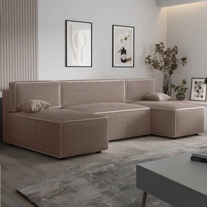 Narożnik z funkcją spania Brandon U jasny brąz pojemnik na pościel trójwymiarowa tkanina o wyrazistych prążkach