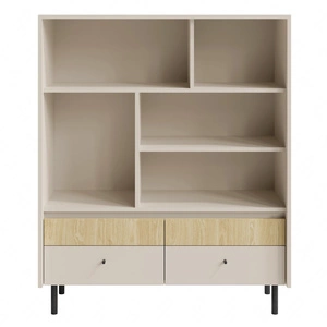 Regał Cappo 104 cm beż piaskowy / dąb olejowany stylowy regał z szufladami osadzony na stabilnych metalowych nogach