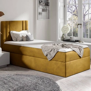 Łóżko kontynentalne Alia 80x200 musztardowe nowoczesny styl idealne łóżko do pokoju dziecięcego subtelne pionowe przeczycia na wezgłowiu