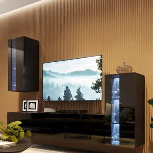 Meblościanka Tesalia czarna / czarny połysk modna i stylowa meblościanka tworzona na wzór geometrii proste kształty brył