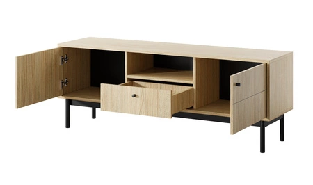 Zestaw mebli Modesta dąb linea minimalistyczny design podkreślony modną kolorystyką wysokie drewniane nogi metalowe uchwyty