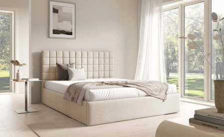 Łóżko tapicerowane Graso 140x200 kremowe nowoczesne i eleganckie łóżko gustowny symetryczny wzór na wezgłowiu pojemnik na pościel