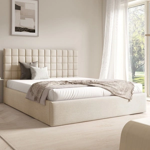 Łóżko tapicerowane Graso 180x200 kremowe nowoczesne i eleganckie łóżko gustowny symetryczny wzór na wezgłowiu pojemnik na pościel
