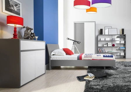 Regał Yugo w kolorze popiel / biały połysk nowoczesny oraz funkcjonalny mebel do salonu pokoju młodzieżowego lub biura