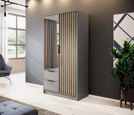 Szafa z lustrem Aspen 105 cm szara / lamele w kolorze dąb artisan nowoczesny design mebla drzwi szafy ozdobione lamelami