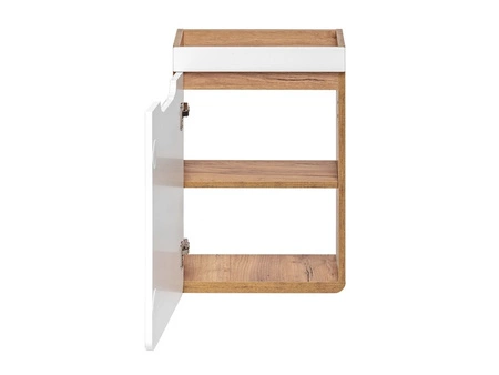 Szafka pod umywalkę Aruba 40 cm dąb craft złoty / biały połysk nowoczesna szafka do łazienki oryginalny zaokrąglony kształt korpusu