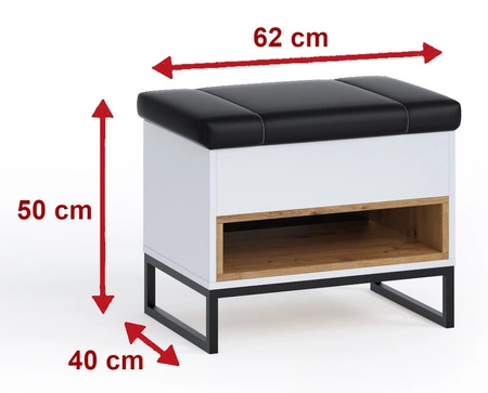 Szafka na buty Olier dąb artisan tapicerowane siedzisko funkcjonalny dodatek do przedpokoju stabilna metalowa podstawa