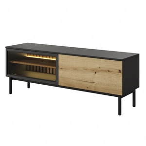 Szafka RTV Clovis 150 cm czarny / dąb evoke elegancka forma mebla w nowoczesnym stylu bezpieczne szkło hartowane push to open