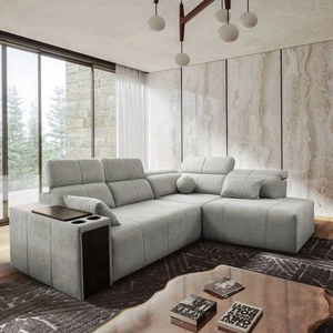 Narożnik z funkcją spania Tesalia VII szary popiel prawostronny nowoczesny design komfortowe przesuwane oparcie szuflada w boczku mebla