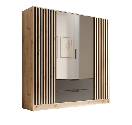 Szafa z lustrem Neri 200 cm dąb artisan / czarny stylowe lamele zdobiące drzwi szafy pojemne szuflady uchwyty krawędziowe