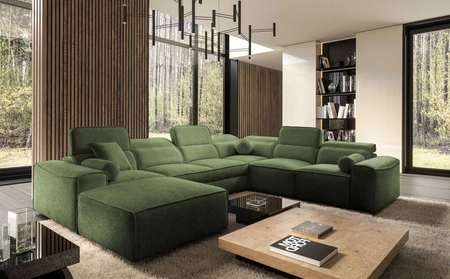 Narożnik z funkcją spania Viano VIII zielony lewostronny nowoczesny narożnik rozkładany o ciekawej konstrukcji pojemniki na pościel