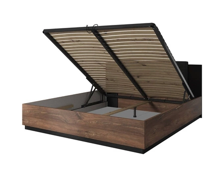 Łóżko Sigma 160x200 cm dąb flagstaff / czarny z miedzianą wstawką łóżko z pojemnikiem idealne stylowej do sypialni z tapicerowanym zagłówkiem