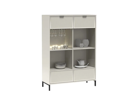 Zestaw mebli do salonu Linka beżowy stylowe meble z ciekawym wzorem na frontach w postaci frezowanych ryfli czarne metalowe nogi