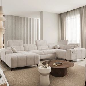 Narożnik z funkcją spania Penejos IV beżowy lewostronny stylowy narożnik rozkładany z dwoma pojemnikami na pościel trwała tkanina