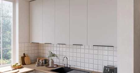 Zestaw mebli kuchennych narożny Corato Wh 290x230 cm stylowe szafki kuchenne z frontami wykonanymi w technologii anti fingerprint