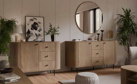 Komoda z szufladami Ovalio 123 cm dąb cremona elegancka komoda o wyjątkowo stylowym designie owalny kształt podkreślony frezowaniami