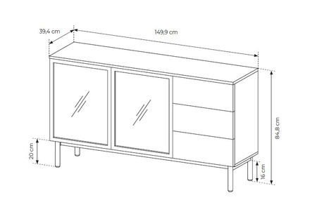Komoda z szufladami Clovis 150 cm czarny / dąb evoke wyjątkowy design mebla przeszklone fronty ozdobne lamele we wnętrzu komody