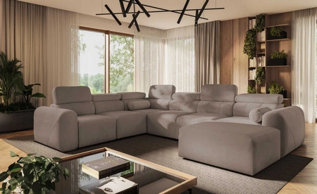 Narożnik z funkcją spania Cantare VIII ciemny beż prawostronny gustowny narożnik z regulowanymi zagłówkami pojemniki na pościel