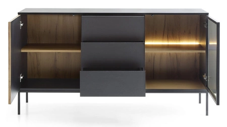 Komoda z szufladami Amma 154 cm czarny / dąb wotan wyjątkowy design dekoracyjne ryflowane i przeszklone fronty komody