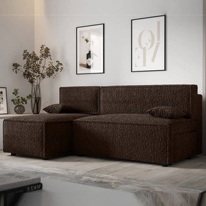 Narożnik z funkcją spania Brandon brązowy lewostronny miękka tkanina o charakterystycznej pętelkowej powierzchni pojemnik na pościel