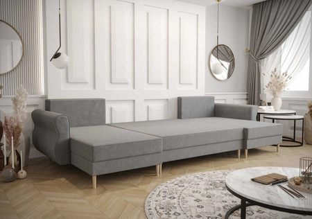 Narożnik z funkcją spania Wilkins U granatowy komfortowy narożnik miękka tkanina nowoczesny design wpisujący się w każdą aranżację