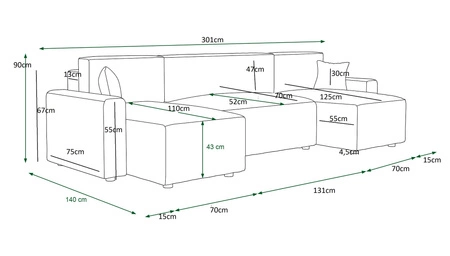 Narożnik z funkcją spania Brandon U Bis miodowy pojemnik na pościel trójwymiarowa tkanina o wyrazistych prążkach miękkie podłokietniki