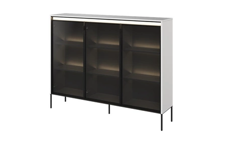Komoda Trend 150 cm biała designerski przeszklony front klimatyczne oświetlenie w postaci paska led pod górnym blatem