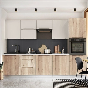 Zestaw mebli kuchennych Zova 240 cm biały / dąb halifax / jasny szary meble do kuchni odporne na uszkodzenia frezowane uchwyty